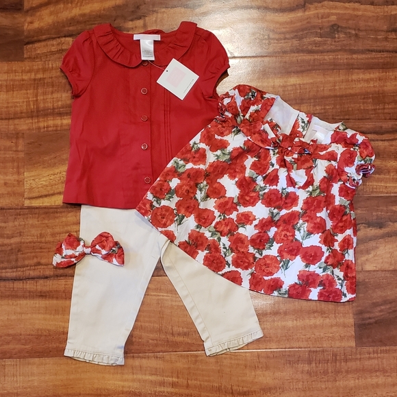 Janie and Jack NWT/EUC 12-18 months blouse (2) and pants set, barrette